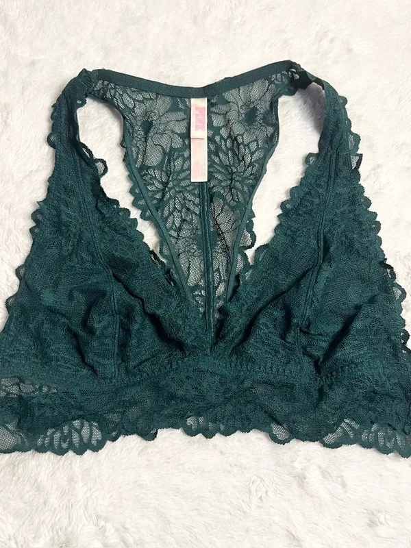VS PINK Dark Green Lace Racerback Bralette Wireless Comfort Bra Size Large - Image 10
