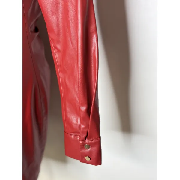 Zara Womens Faux Leather Ruched Mini Shirt Dress Red Long Sleeve XS - Image 10