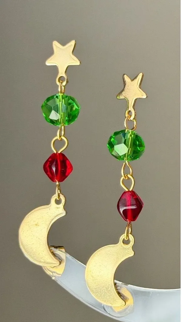 Handmade quality Czech glass beads celestial dangle earrings🌙🌿❤️ - Image 2