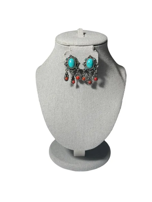 Turquoise & Coral-Red Stone Clip-On Earrings unmarked vintage y2k boho chic - Image 2