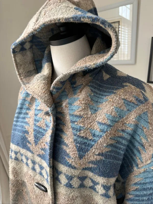 Vintage Braetan Southwestern Navajo Blanket Print Wool Blend Hooded Duffle Coat - Image 8