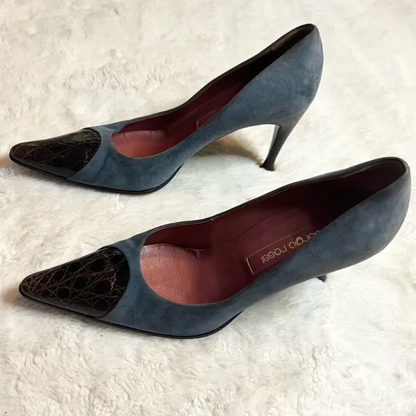 Sergio Rossi Pointed Toe Heals Blue Suede & Embossed Brown Leather Size 37 US 7 - Image 6