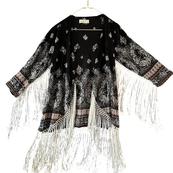 Abercrombie Boho Fringe Kimono Size XS Black Hippie Festival Coachella Western - Image 16
