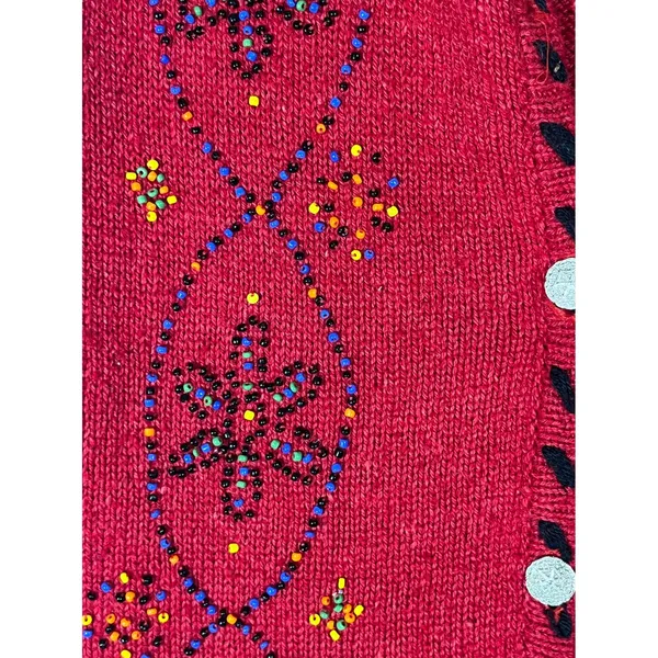 IVY Vintage Beaded Knit Sweater Vest Womens M Red Floral Whipstitch V-Neck Artsy - Image 4