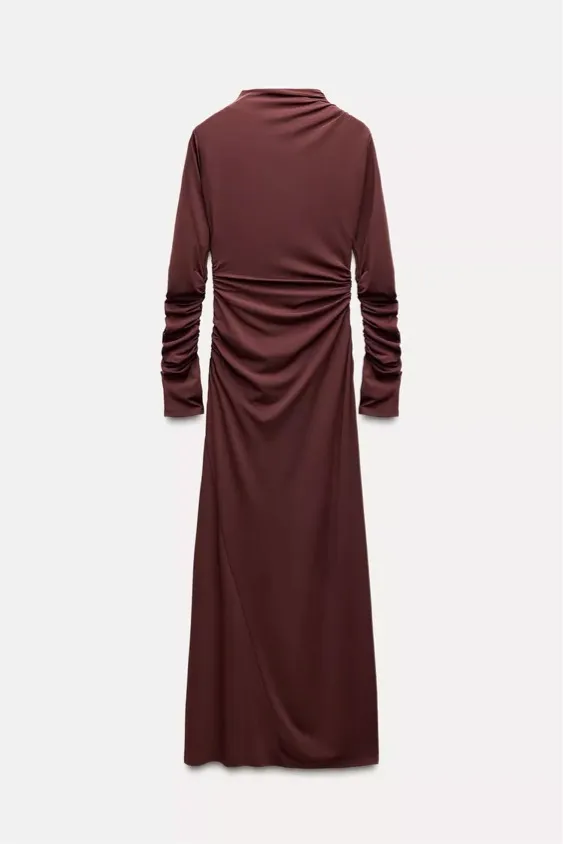 Zara Elegant Burgundy brown wine Maxi Dress stretchy long Sleeve Casual bodycon - Image 13