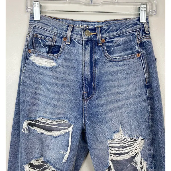 American Eagle‎ Highest Rise Mom Jeans Destroyed Light Wash Slim Leg Size 00 - Image 2