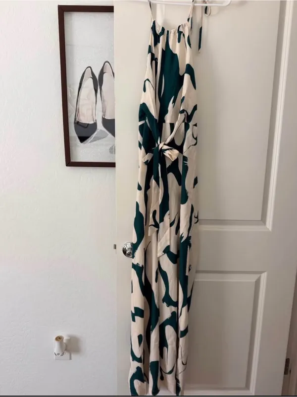 SheIn Cream & Teal Abstract Print Sleeveless Tie-Waist Maxi Palazo - Image 2