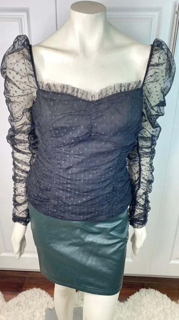 VICI Benefit Polka Dot Ruched Gathered Sleeve Mesh Tulle Top by Free the Roses - Image 4