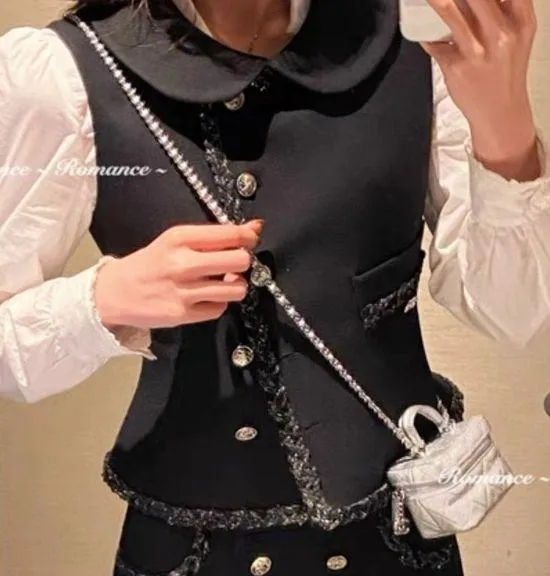 Luxury Navy Blue Gold Buttoned Formal Vintage Tweed Babydoll Slim Blazer Vest - Image 2