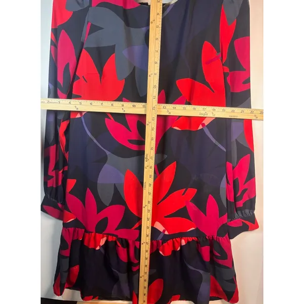 Womens Floral Drop Waist Ruffle Hem Mini Dress Navy‎ Red Pink Long Sleeve Shift - Image 3