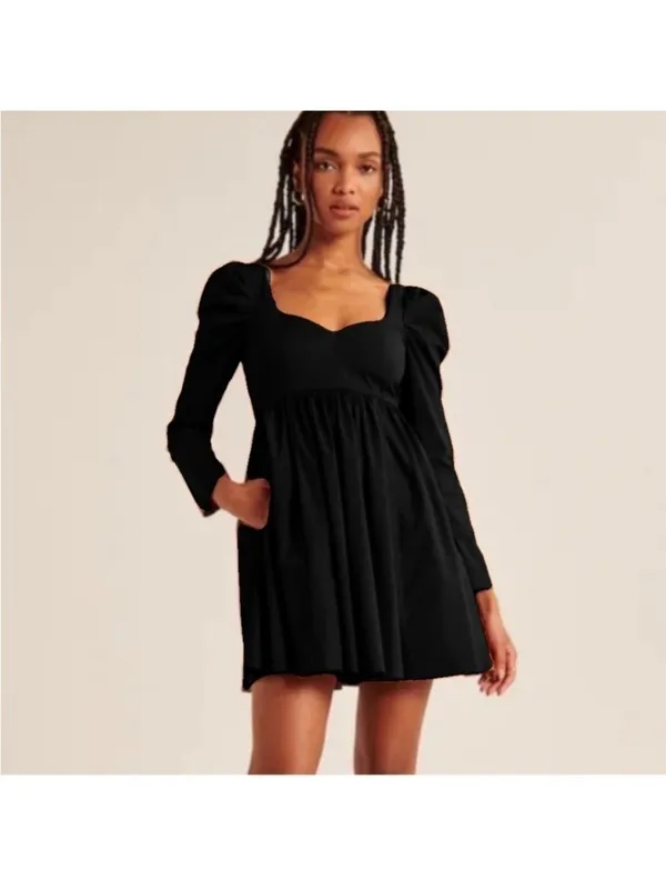 Abercrombie & Fitch Black Poplin Square Neckline Long Sleeve Babydoll Mini Dress - Image 9