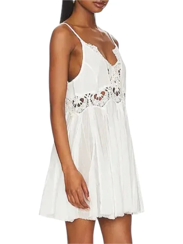 Free People NWT Women’s Size M White Cotton Lace Detail Ilektra Mini Slip Dress - Image 2