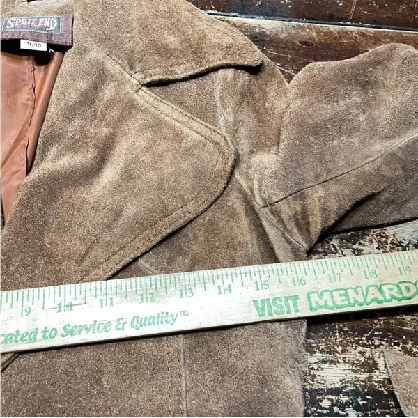 Vintage 70s Suede Leather Belted Mini‎ Trench Jacket Brown 9/10 - Image 8