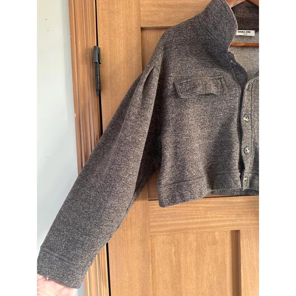 Double Zero Cropped Button Up Long Sleeve Shacket Sweater Heathered Brown Large - Image 2