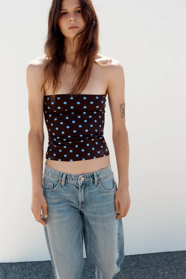 BNWT Zara Brown & Blue Polka Strapless Tube Top - Image 3