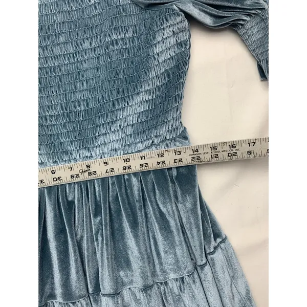 Baltic Born size large mini new velvet Smocked Square-Neck Dress Steel Blue - Image 7