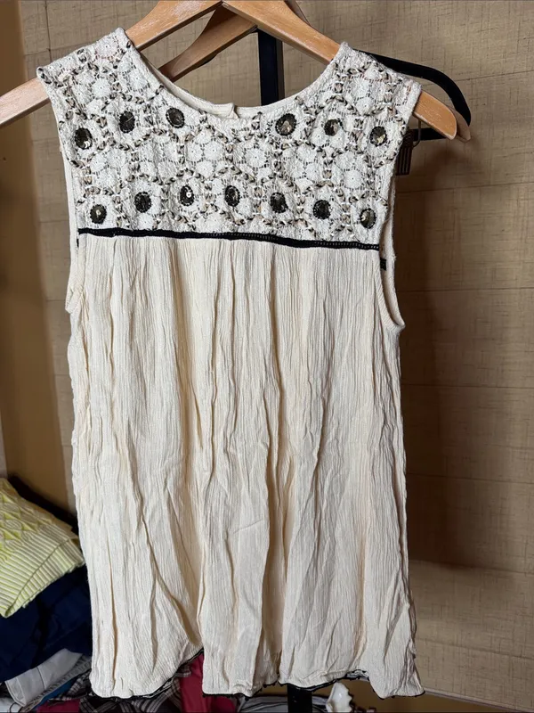 Zara Basic Cream Crochet Sequin Boho Tunic Top Size Medium - Image 3