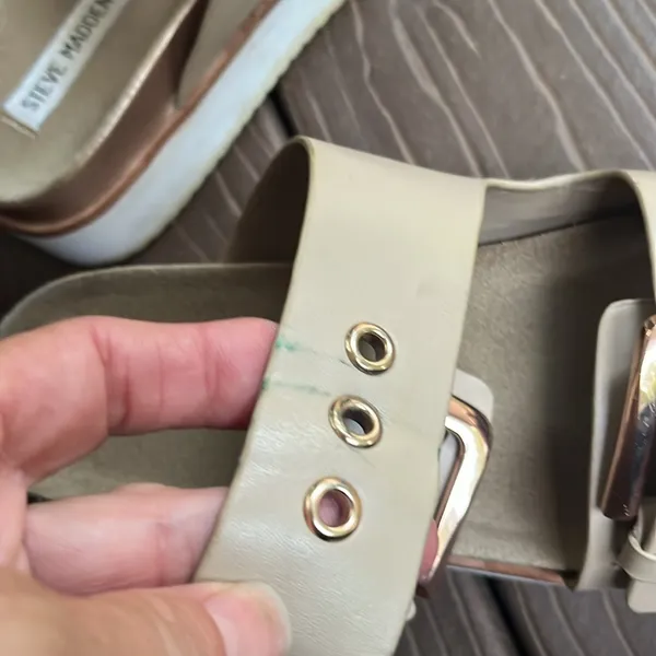 Steve Madden Leather Pate Double Strap Buckle Light Tan Slides - Image 10