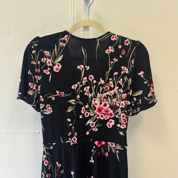 White House Black Market Floral Faux Wrap High Low Midi Dress Black Pink 4 - Image 6