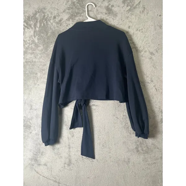 NAP Navy Cropped Tie Front Sweatshirt Balloon Sleeve Pullover Lounge Top Small - Image 3