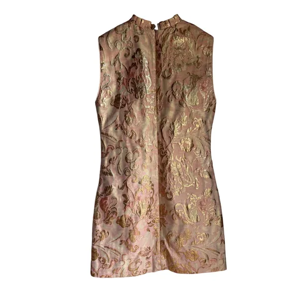 Sandro Paris Metallic Jacquard Mini Dress Size 1 Pink Gold Ruffle - Image 3