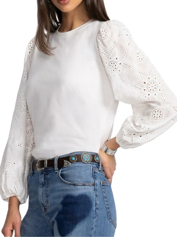 Johnny Was Jade Women’s Size S White Eyelet Puff Long Sleeve Nora Blouse Top - Image 4