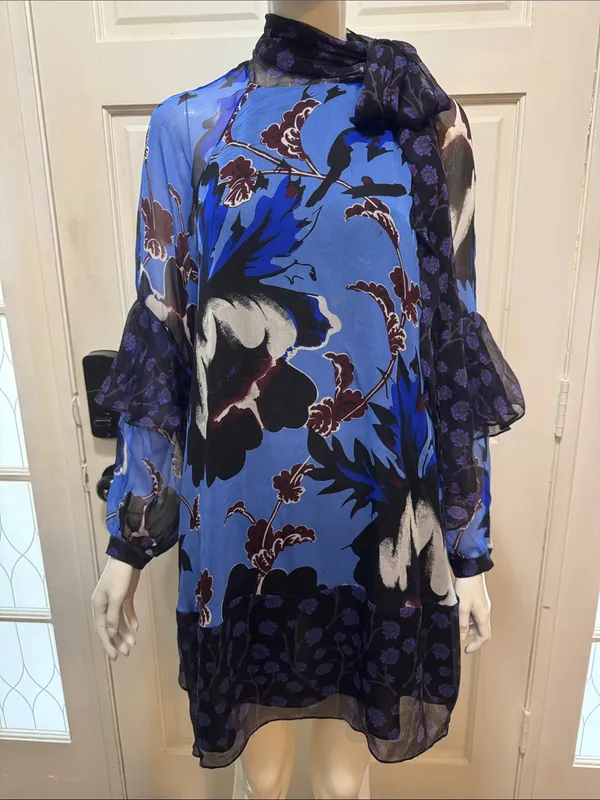 Diane von Furstenberg Designer 100% Silk Floral Blue Long Sleeve Blouse Size S - Image 3