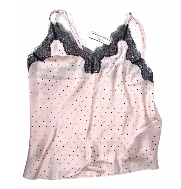 NWT Victoria's Secret | L Cami Lingerie Tank Top Pink Black Polka Dot Satin Lace - Image 2