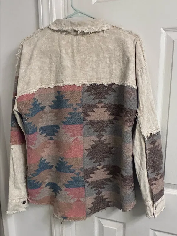 Southwestern Pattern Button-Up Shirt Jacket in Cream, Blue & Brown - Image 11