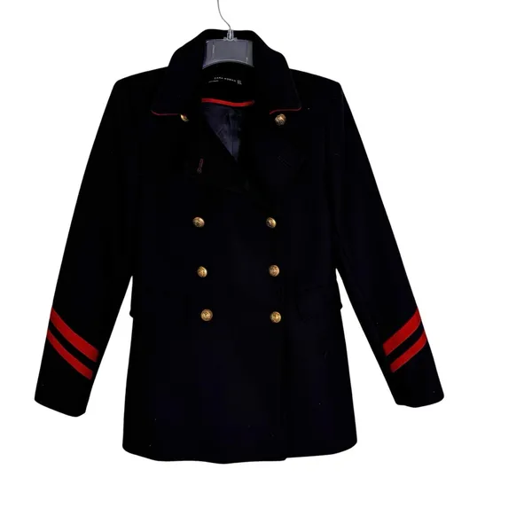 Zara Navy Military Style Double Breasted Coat Size S - Image 4