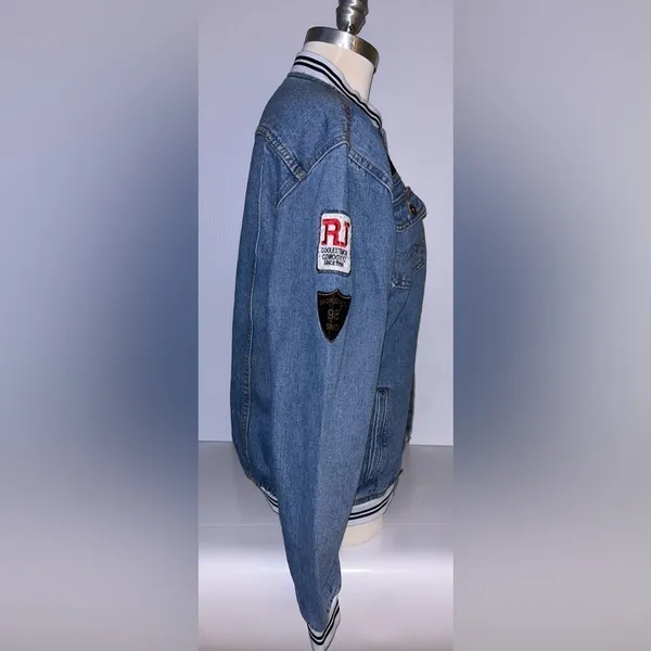 Denim Varsity Jacket Button Front Patches Pockets Size Medium Y2K Retro Vibe Blue - Image 3