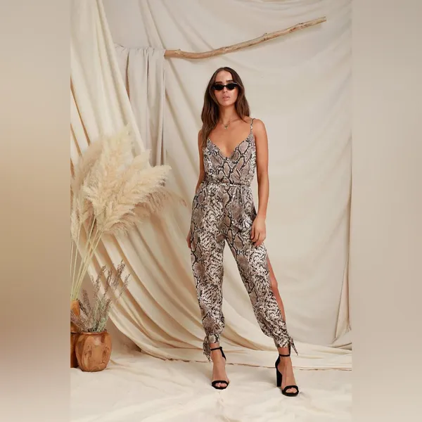 Lulus Jasper Beige Snake Print Surplice Jumpsuit - Image 3