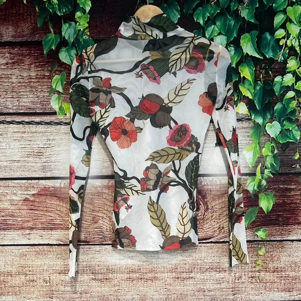 Baum Und Pferdgarten Jodi Top XS Mesh Blouse Floral Print Long Sleeve Mock Neck - Image 4