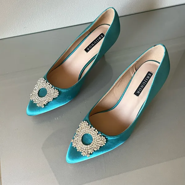 ERIJUNOR Teal Satin Kitten Heel Pumps Rhinestone Buckle Pointed Toe Size 7 - Image 2