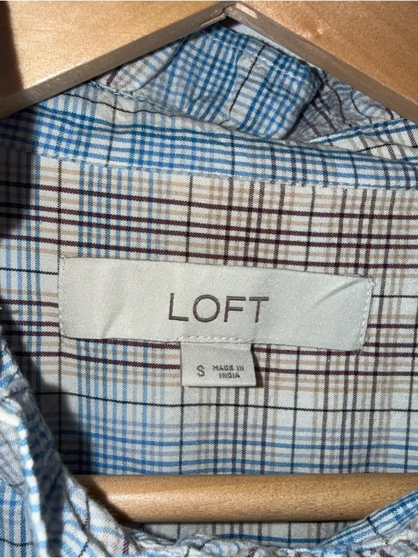 Loft Plaid‎ Ruffle Collar Button Down Blue Brown White Plaid Small - Image 3