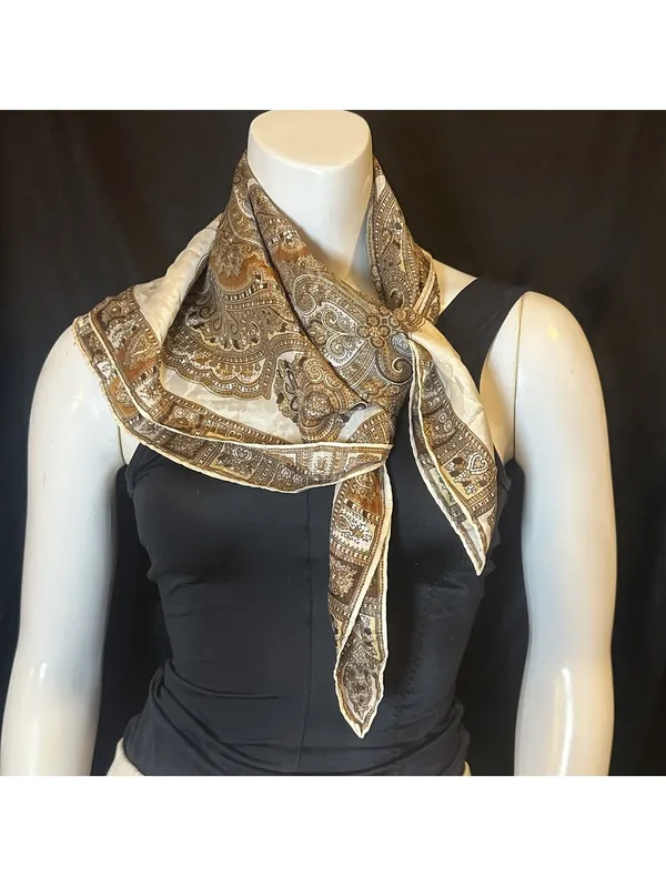 Vintage Square Mandala Pattern Silky Scarf in Cream and Brown Boho Medallion - Image 2
