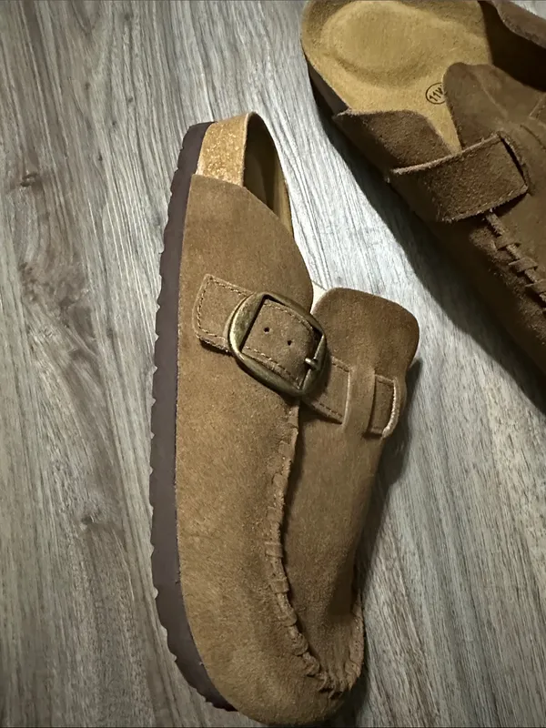 Cushionare Women’s Suede Buckle Mules in Brown - Image 10