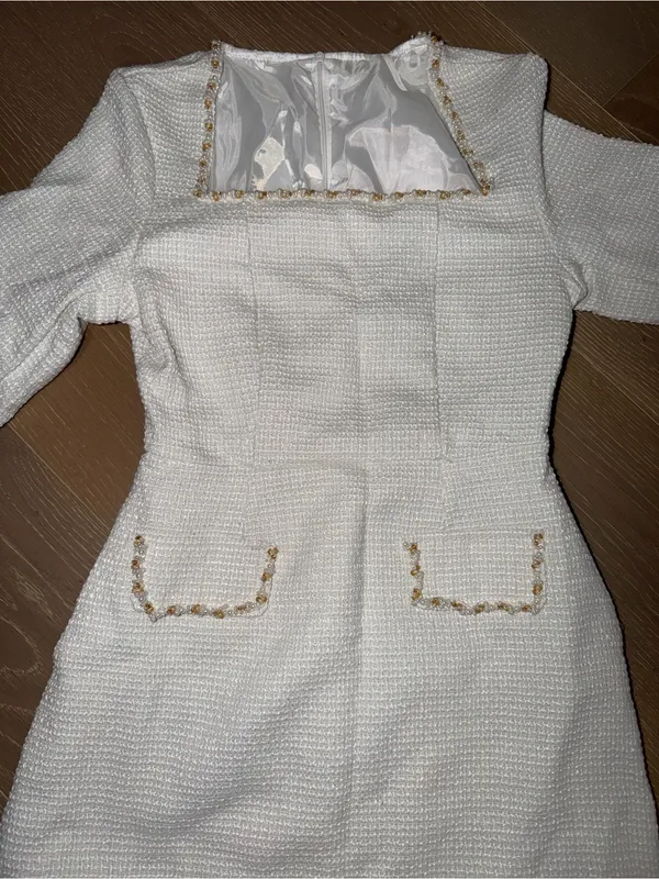 Textured Ivory Long Sleeve Mini Dress with Trim - Image 2
