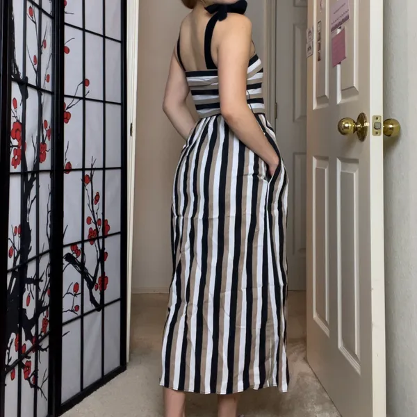 ZARA Beige, White, & Black Striped Self-Tie Strap Midi Dress - Image 4