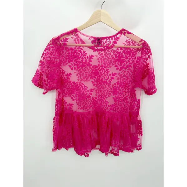ASOS Pink Sheer Floral Short Sleeve Crew Neck Babydoll Top‎ Women's Size 2 - Image 2
