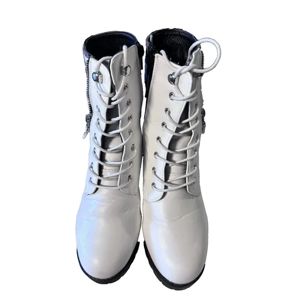 Yoki Womens's Zipper Laces Platform Combat White Black Plaid Chunky Heel Boots 8 - Image 2