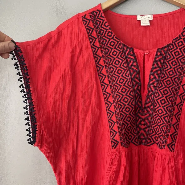 J Crew Pom Pom Tunic Top Size Medium Red Blue Gauze Embroidered Coastal Boho - Image 2