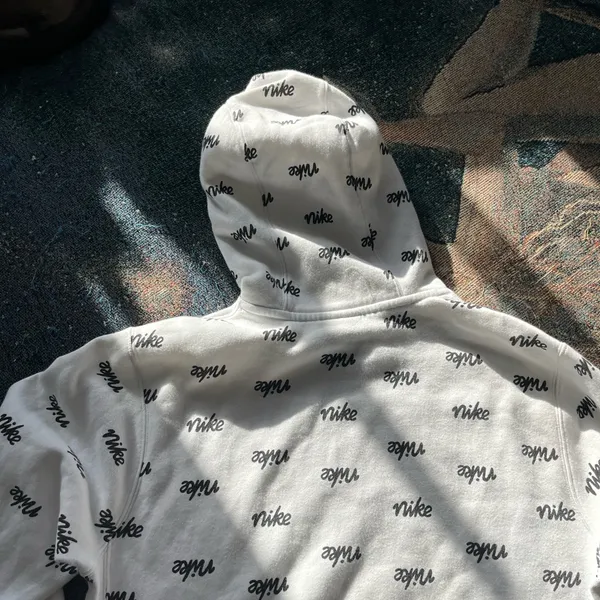 Nike Allover Logo Pullover Hoodie Women’s XS White Black Print Fleece Sweatshirt - Image 11