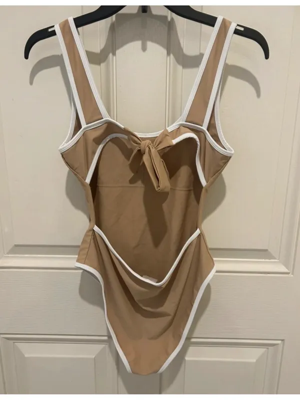 Nika Beige One Piece Swimsuit with White Trim Size Large - Image 2