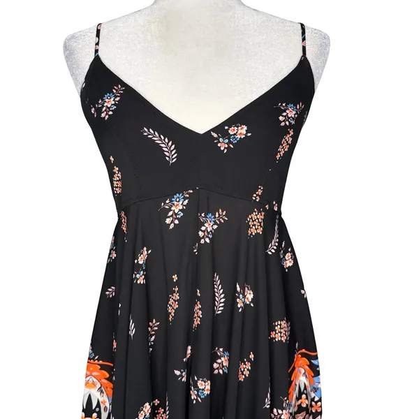 Express Small Black Asymmetrical Spaghetti-Strap Dress Floral Smocked Swing - Image 4