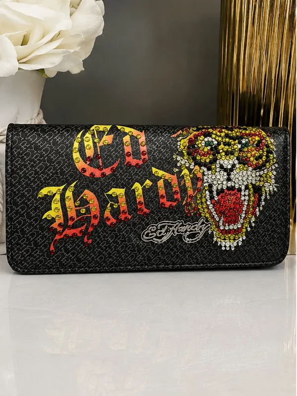 Ed Hardy Rhinestone Tiger Flap Clutch Wallet Black Y2K NWT - Image 7