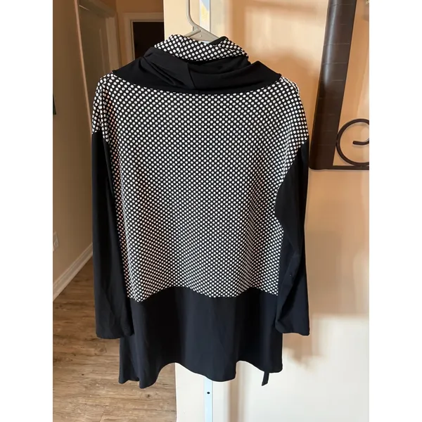 Grace Black White Polka Dot Cowl Neck Tunic Top Mixed Pattern Zipper Detail L - Image 6