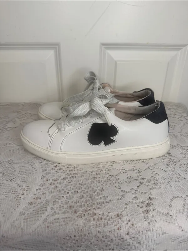 Kate Spade White Leather Sneakers Black hearts lace up shoes sz 6 - Image 2