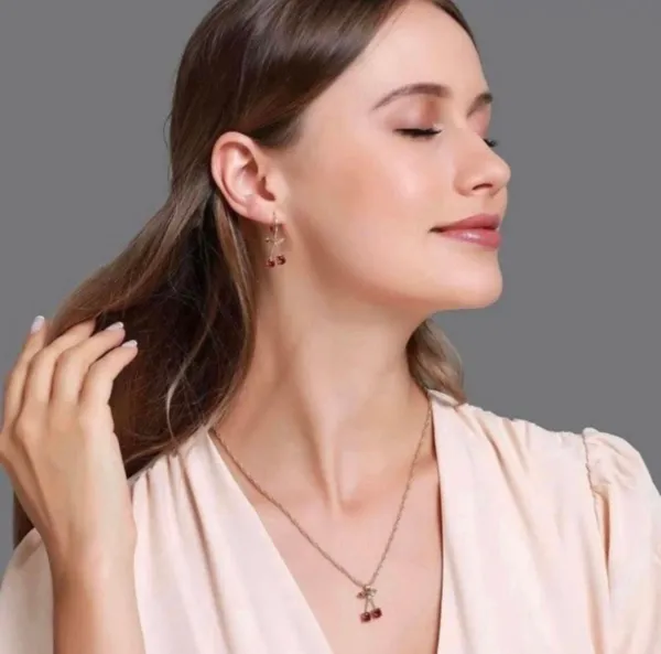 18K Gold Plated Cherry Jewelry Set Cherry Pendant Necklace Crystal Cherry Dangle Drop Earrings(2pcs/set) - Image 4
