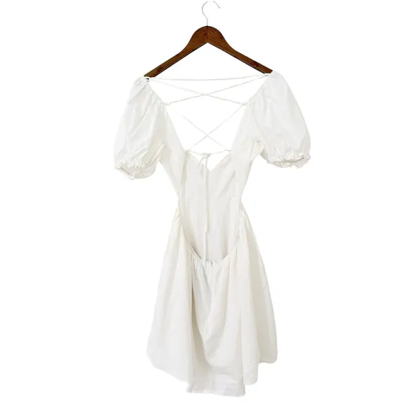 Lulus Love the Feeling White Puff Sleeve Lace-Up Cutout Mini Dress size Large - Image 4